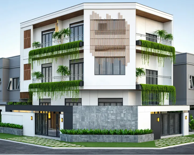 a rendering of a modern building with a balcony and a balcony, exterior design, residential design, concept house, inter dimensional villa, front elevation view, modern lush condo as shopfront, architectural concept, complete house, mid-view, frontview, el...