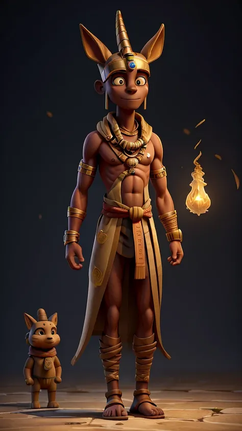 Create a 3D animation character named Anubis. He is a male mummy approximately 3000 years old, standing at 175cm tall with a thin and emaciated build. His entire body, from head to toe, is wrapped in ancient Egyptian-style bandages.

His eyes are covered w...