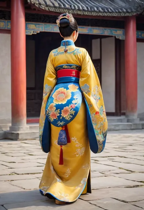 The image shows the back view of the empress of the Qing dynasty in China. Her large breasts and large bare buttocks are visible as her loincloth has slipped off. Her hair is tied up and pulled up, with a gorgeous flower ornament on both sides.、Chinese sty...