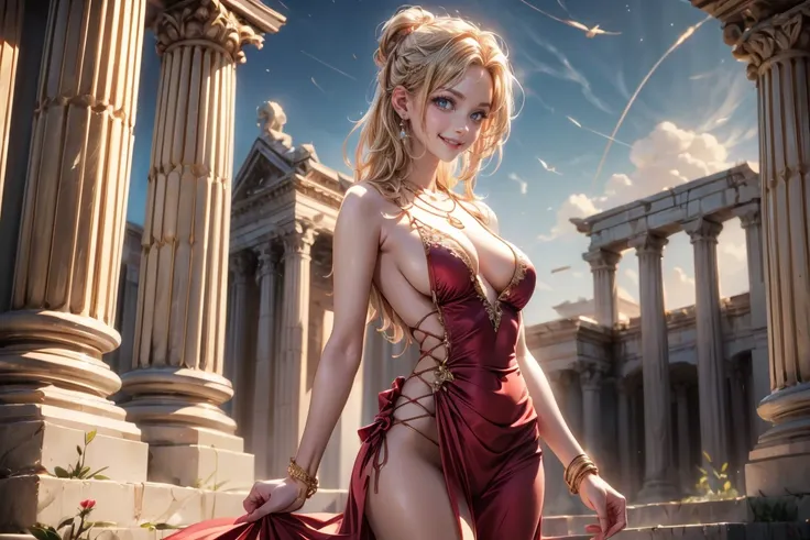 masterpiece, photorealistic:1.4, beautiful 20 year old woman, 1girl, elegant,   blond_hair, medium_hair,  hair_up,  blonde,  night,  standing, dynamic pose,  jewelry, necklace, bracelet, showing_leg, hair_up,  cleavage, china dress, revealing, sexy,
perky_...