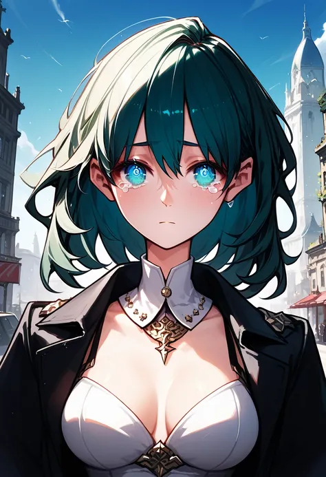 Cinematic, official art, Fancy effects, masterpiece, best quality, very aesthetic, absurdres, 1girl, byleth(female)(fire emblem), fire emblem, looking at viewer, upper body, breasts, jacket on shoulders, bodice, armor, midriff, detached collar, sad, city, ...