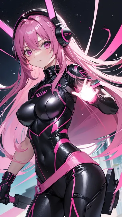 Pilot black suit technological advanced, long pink hair, leotard, cute, teenage, futuristic pink eyes, her pilots helmet in hand