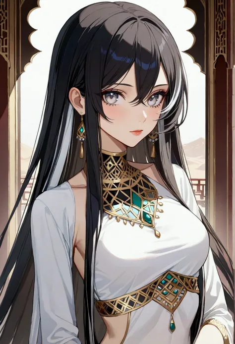 A girl with long black hair with white peekaboo highlights, white eyes, fair skin tone, slender and athletic built, middle eastern full clothed, detailed hair, detailed body, best quality, aesthetic, 8k