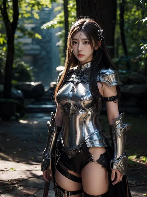 beautiful girl, 20 years old, radiant skin, long flowing light brown hair, standing in a mystical setting. intricate armor, shin...