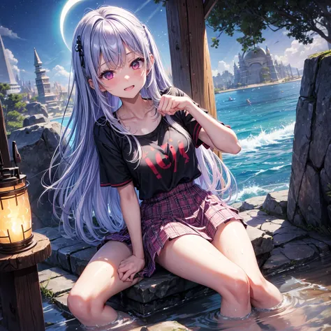 Blue-light purple hair、Red eyes、One cute girl、solo、And soul、Light clothing、Checked mini skirt、petal、Wet hair、Sit on、black t-shirts、Has a button、large tree、cloud、Red full moon、desert、barefoot、Stones are piled up、Teeth are visible、Secret Treasure、Wooden chai...