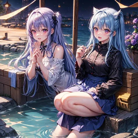 Blue-light purple hair、Red eyes、One cute girl、solo、And soul、Light clothing、Checked mini skirt、petal、Wet hair、Sit on、black t-shirts、Has a button、large tree、cloud、Red full moon、desert、barefoot、Stones are piled up、Teeth are visible、Secret Treasure、Wooden chai...