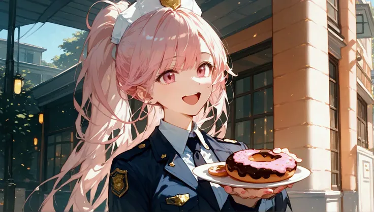 score_9, score_8_up, score_7_up, score_6_up, masterpiece, top quality, best quality, official art, beautiful and aesthetic, anime_source, centered, cinematic scene, 1girl, pink eyes, open mouth, doughnut, holding doughnut, police officer, cop, happy, Expre...