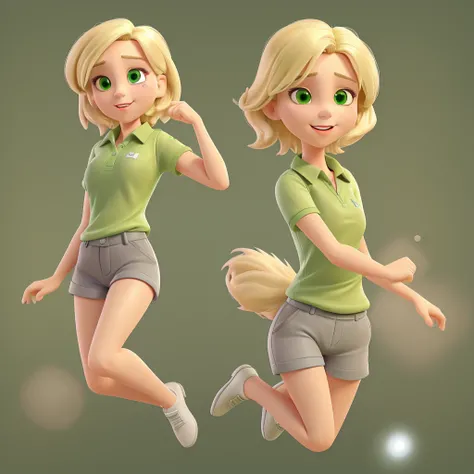 
image of a blonde woman with short voluminous hair, white skin and dark eyes, green polo shirt and dark gray shorts, she must appear to be around 75kg, jumping for joy