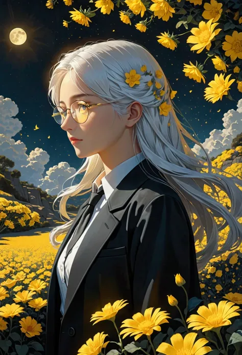 (masterpiece),(best quality), (fantasy:1.4), Surrealism, shadow, Relief, Stereogram, Atmospheric perspective, 8K, Super Detail,A moon, Yellow flowers , Paper_cut, 1 Girl, Solitary, (White hair, Long hair), Perfect face and glasses, (White shirt, Black tie,...