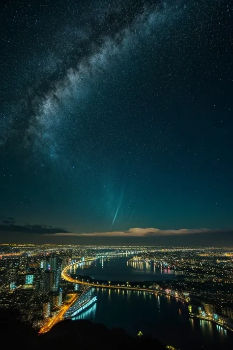 Highest quality、Ultra high definition、Beautiful starry sky、In the foreground you can see the calm sea and beyond it the neon lights of the city.