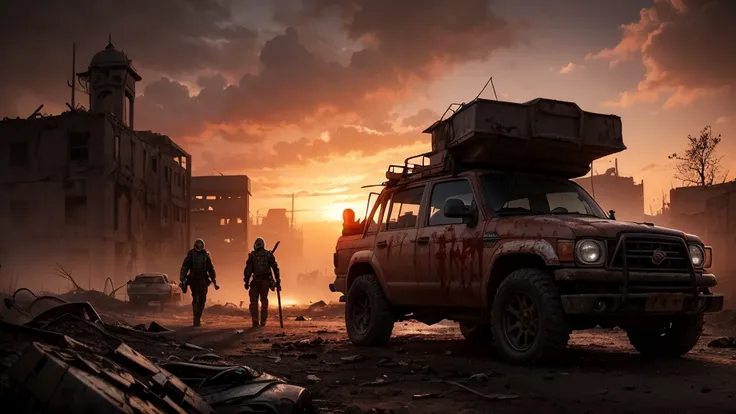 Deathcore instrumental of a post-apocalyptic wasteland with rusting vehicles and desolate ruins, under a blood-red sky, cinematic composition, trending on ArtStation.