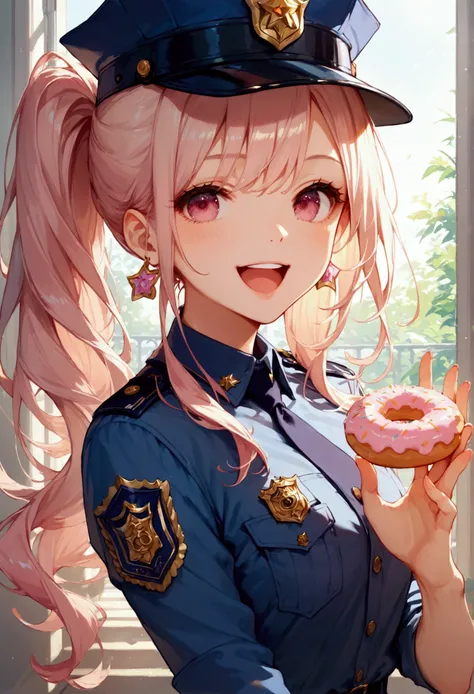 score_9, score_8_up, score_7_up, score_6_up, masterpiece, top quality, best quality, official art, beautiful and aesthetic, anime_source, centered, cinematic scene, 1girl, pink eyes, open mouth, doughnut, holding doughnut, police officer, cop, happy, Expre...