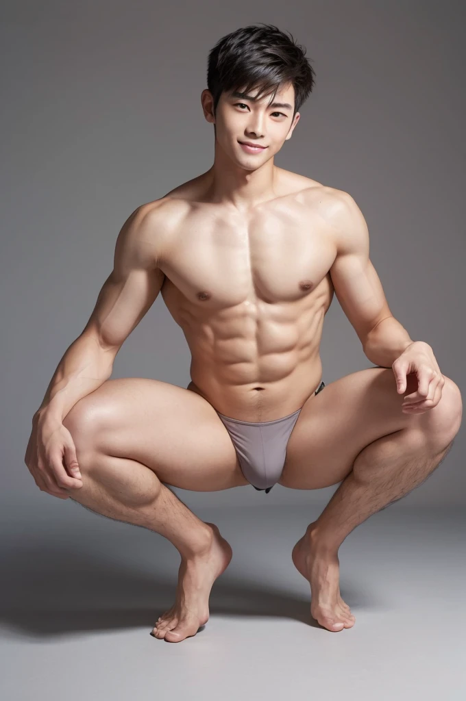 Japanese male model in micro thongs, G-string, lifted arms, spread legs, Full Body Shoot, Quiff haircut, look at camera, detailed facial parts, Manly, Charmer, Active Boy, stand in front of gray background, Freestyle Pose, squatting, Happy Expression, perf...