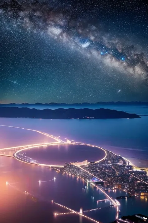 Highest quality、Ultra high definition、Beautiful starry sky、In the foreground you can see the calm sea and beyond it the neon lights of the city.