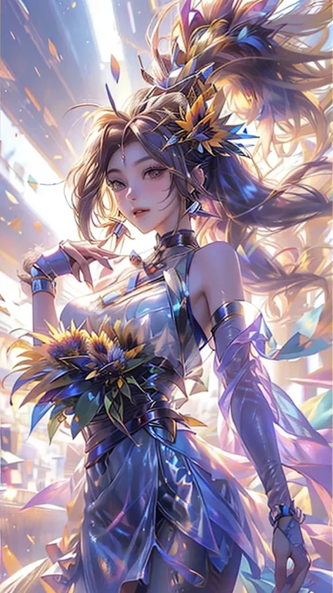 sunflower花田,20 years old,full of sunshine,splendid,sunflower女神（oriental goddess）,Big breasts,Long hair ponytail,sunflower長身裙, hand basket,bouquet（sunflower）,