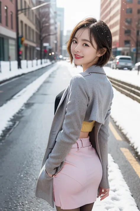 Highest quality, 4K, 8k, Detailed face, Clear Face, Cute Girls, Korean Makeup, Red lips, smile, Perfect body,Straight short hair to the shoulders,Small breasts,thigh,slim,thin, The girl is wearing a long, wide coat, Under the jacket was a top tube and pant...