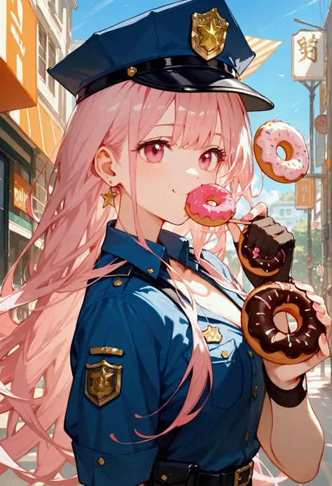 score_9, score_8_up, score_7_up, score_6_up, masterpiece, top quality, best quality, official art, beautiful and aesthetic, anime_source, centered, cinematic scene, BREAK 1girl, pink eyes, eating doughnut, holding doughnut, police officer, cop, happy, Expr...