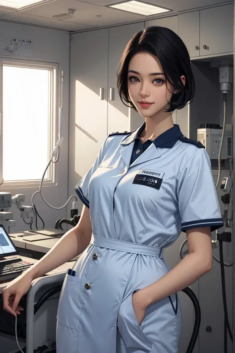 1 girl, nurse, short black hair, beautiful detailed eyes, beautiful detailed lips, white uniform, smiling, hospital interior, medical equipment, realistic, photorealistic, 8k, high quality, masterpiece, cinematic lighting, vibrant colors, warm tones