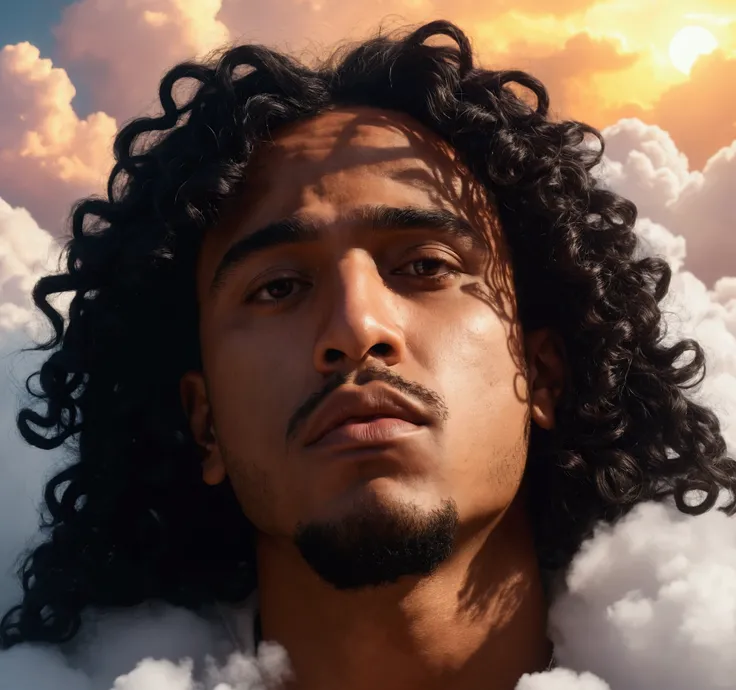 cinematic fantasy scene, close shot of the head of a brown skin Mexican rapper with curly long black hair on a cloud as it was a pillow, 4k realistic