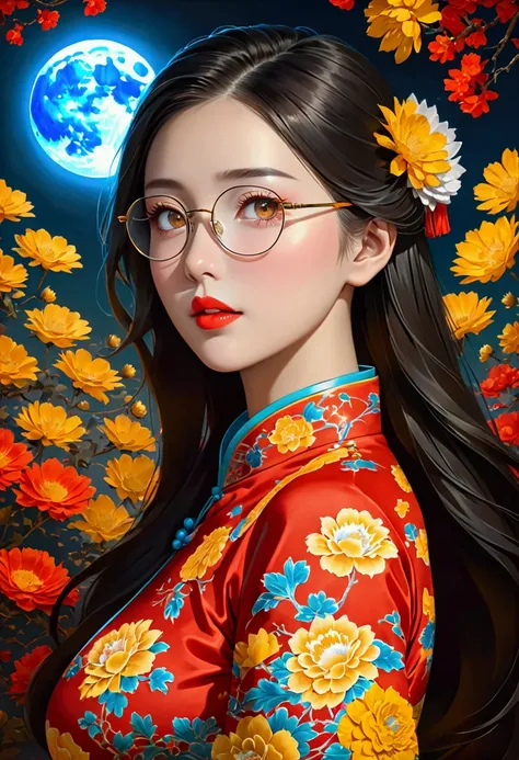 (masterpiece),(best quality), (fantasy:1.4), Surrealism, shadow, Relief, Stereogram, Atmospheric perspective, 8K, Super Detail,A moon, Yellow flowers , Paper_cut, 1 Girl,Upper Body,Fashion Girl,cheongsam,Chinese clothes,Hair accessories,(Glowing skin),Red ...