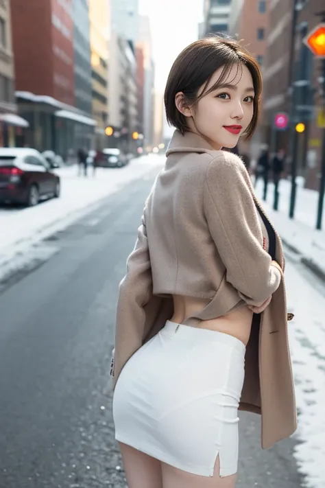 Highest quality, 4K, 8k, Detailed face, Clear Face, Cute Girls, Korean Makeup, Red lips, smile, Perfect body,Straight short hair to the shoulders,Small breasts,thigh,slim,thin, The girl is wearing a long, wide coat, Under the jacket was a top tube and pant...