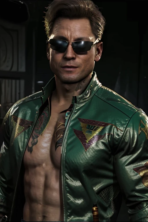 portrait of (Johnny Cage), cocky smirk, sunglasses, Mortal Kombat, Character Design, dynamic lighting, cool and bright colors, green jacket, shirtless, (chest tattoo of the word "Johnny" on the chest)