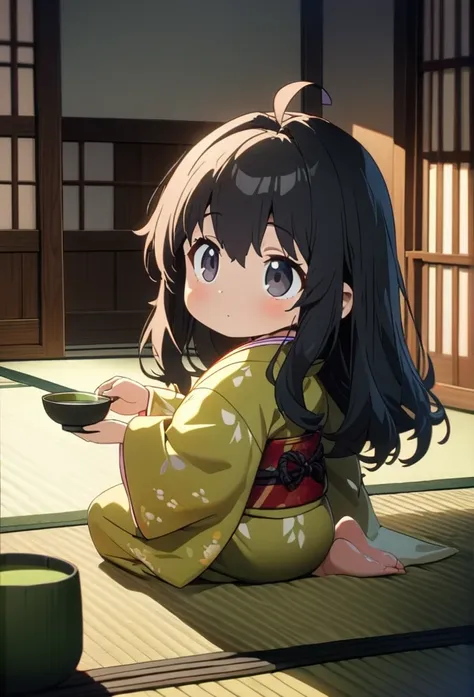 a girl, seiza, looking ahead, ahoge, long hair, black hair, black eyes, big eyes, chibi, kimono, bigger face, cute, anime, cell ...