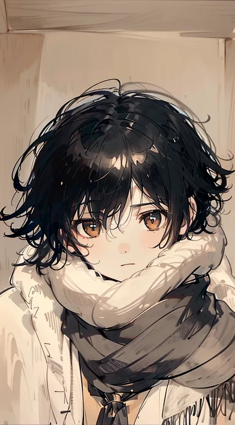 young man with black hair, partially covered face with beige and gray scarf, intense gaze, slightly messy hair, cozy indoor ligh...