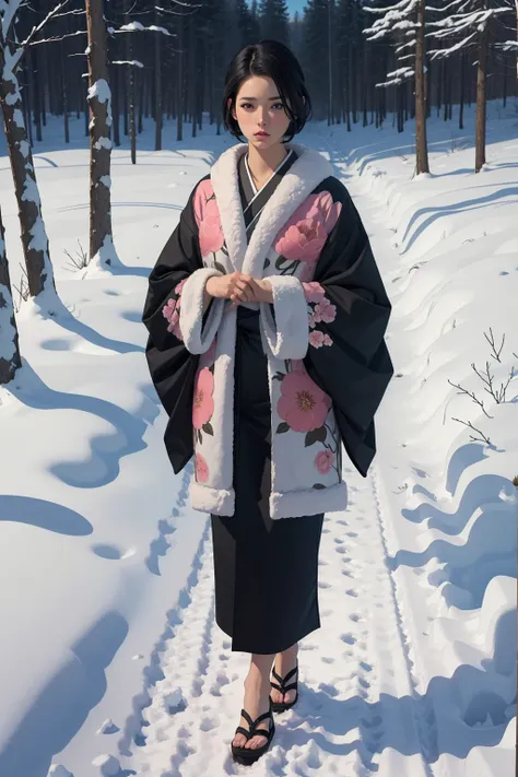 1girl,short black hair,pink flower pattern kimono,standing outside,in the snow,fullbody shot,(best quality,4k,8k,highres,masterp...