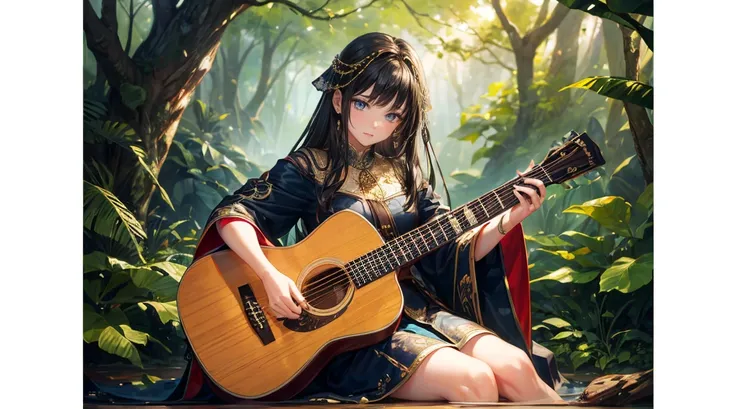 (Better Quality,4K,High resolution:1.2),Ultra-detailed,Realist,Beautiful and fine details,Beautiful lip detail,Highly detailed eyes and face,Long eyelashes,1 female,Woman sitting on a tree trunk playing guitar,autumn&#39;s,Fallen leaves,Light and Shadow of...