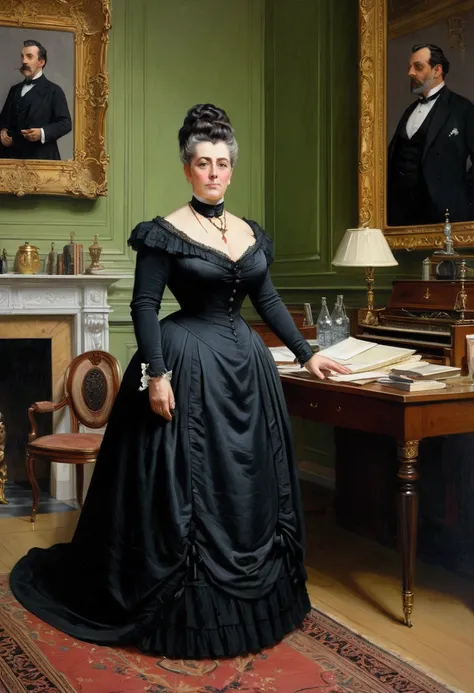 Full-length view, a tall, buxom, full-figured, pretty Victorian mature widow in a black dress and opulent updo hairstyle, standing in a Victorian office looking strict, by Jean Béraud, inspired by Jean Béraud, inspired by Édouard Detaille, edouard leon cor...