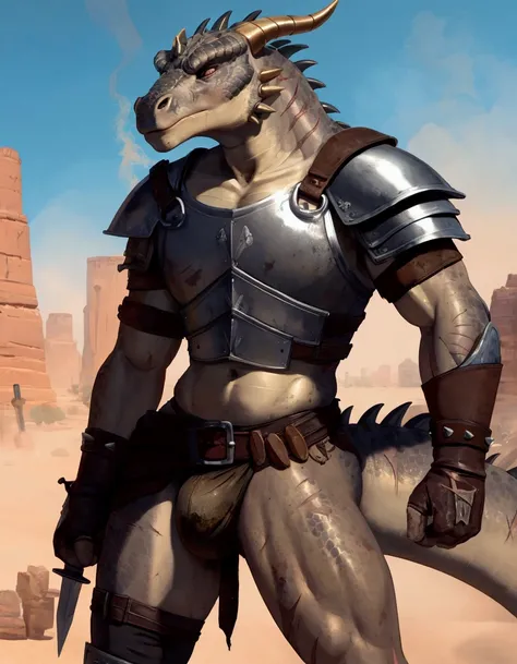 Solo Sexy anthro scalie dragon male mercenary medieval solider, slim endomorph muscular handsone model male apperance, sword scars, worn out rusty skimpy armament, low on hips heavy leather belt, old very worn out skimpy dirty linen material jockstrap, old...