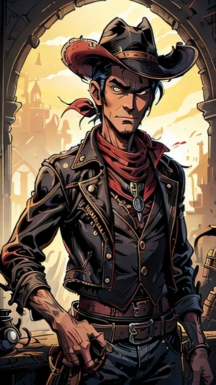 (1man, Lucky luke, yellow top, black jacket, jean, cowboy hat, red bandana), (extremely detailed CG unit 8k wallpaper),(master part), (best quality), (ultra detail), (best illustration),(melhor ombre), cowboy shot, (Sharp eyeliner, ombre, detail eyes:1), g...