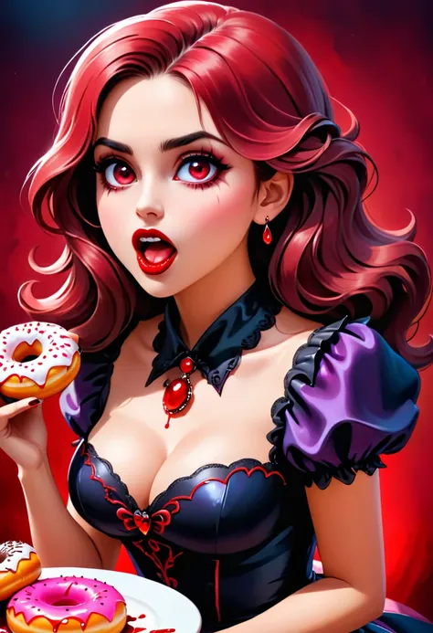 a portrait of a female vampire eating a (bloody donut: 1.3), an exotic exquisite beautiful female vampire, dynamic hair color, wavy hair, dynamic eyes color, (glowing  eyes: 1.1), intense eyes, wearing glamour silk dress, intricate detailed dress, dynamic ...