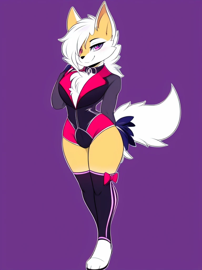 An anthropomorphic character, alone, seducing gaze, perfect body, wearing an eye-catching outfit, simple background, full body, original character