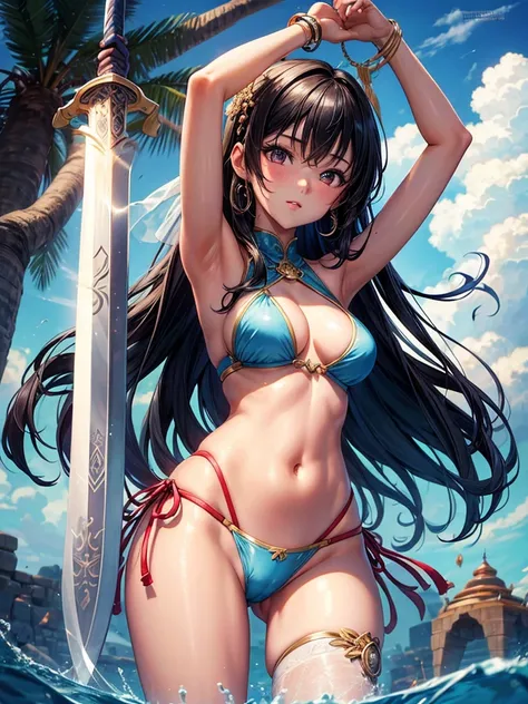 Beautiful Asian girl, 18 years old, light bikini knight girls, sexy lady, medium breasts, camel toe, long sword,