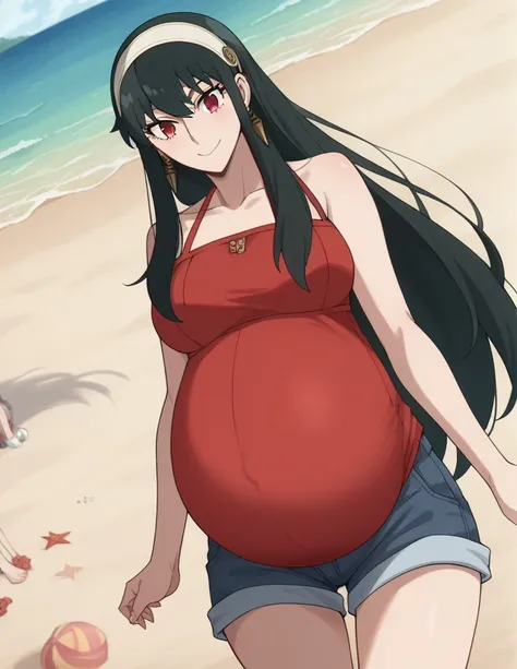 score_9, score_8_up, score_7_up, source_anime,
yorbriar, yor briar, black hair, red eyes, earrings, white hairband, hairband, long hair, sidelocks,
bare shoulders, red bikini, shorts, thighs,
Beach, smile,
looking at viewer, dutch angle, cowboy shot, pregn...