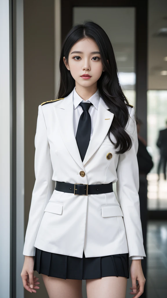 a portrait photo, beautiful face, all white outfit, military uniform, military rank insignia, business woman, beautiful woman, w...