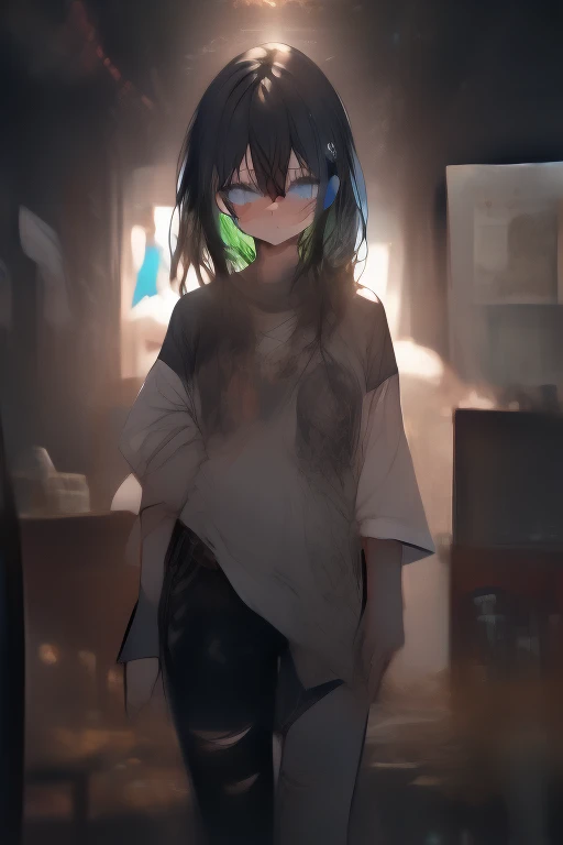 masterpiece, Highest quality, Very detailed, Abstract、Full body photo, Cowboy Shot, Three-part method, darkness, Shine, green, High saturation、sketch、Handwriting、watercolor、Blurry、Focus on the eyes、A girl, standing in a grungy, dimly lit room, surrounded b...