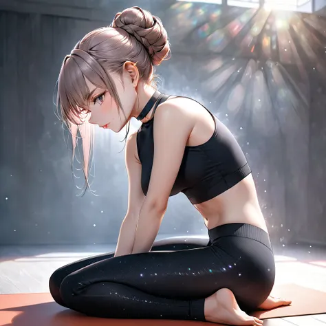 from side, beautiful woman, yoga exercises, poses like sticking your butt out, cool and sadistic, amorous and lewd face, make-up, messy single hair bun, great proportion, wearing knit tight yoga uniform, choker, (ultra detailed, absolutely resolution, best...