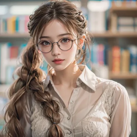 Librarian、Clean look、White blouse、Tight Skirt、Glasses(masterpiece:1.3), (8k, Realistic, RAW Photos, Best image quality: 1.4), Japanese 、26 years old,(Random Hairstyles:1.2)、Cleavage:1.2、Highly detailed face、Attention to detail、double eyelid、Chest to chest、...