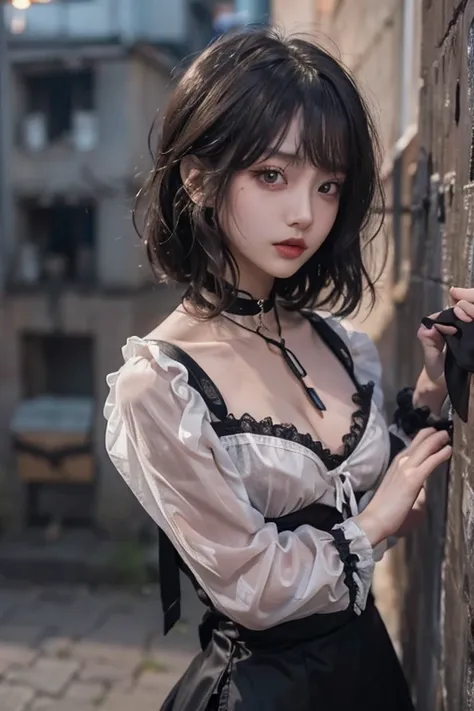 ((Upper Body))、((One Girl))、Age 27、((Very short hair))、((Straight bangs))、((Black-haired))、(Take in the view)、Gothic Lolita、((Black maid outfit))、(Eye patch for left eye)、(Realistic:1.2)、In 8K、(High Quality Shadows)、Beautiful and delicate face、Beautiful an...