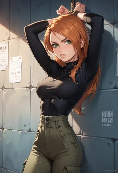 kim possible, detailed eyes, high detailing, narrow waist, 1girl, black tight shirt, long sleeves, cargo pants, angry look, on w...