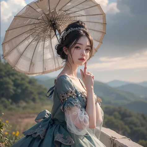 A woman holding a parasol stands on top of a hill、Gothic Dress、青空と雲1 girl, Highest quality, masterpiece, Ultra-high resolution, (Realistic:1.4), RAW Photos, 1 girl, Cinema Lighting,((Highest quality、masterpiece、8k、Best image quality、Ultra-high resolution、A...