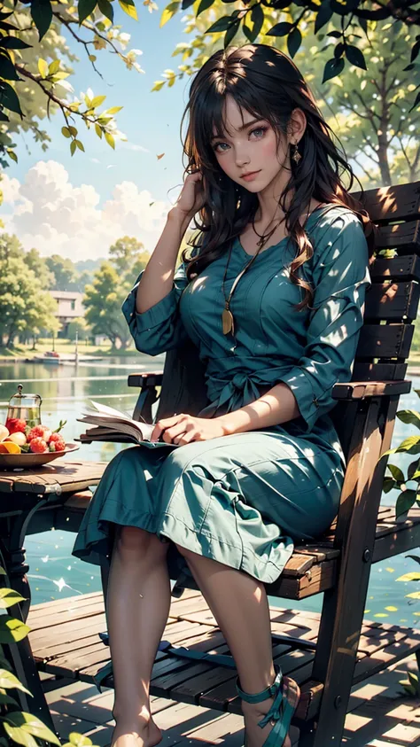 Girl reading a book by the lake, Bright colors, spring, Willow Branch, comfortable, Warm sunshine、24-year-old female、Deck chair、Sheer pastel green summer dress、barefoot、Sunlight filtering through the trees、A refreshing breeze blows、Hair blowing in the wind