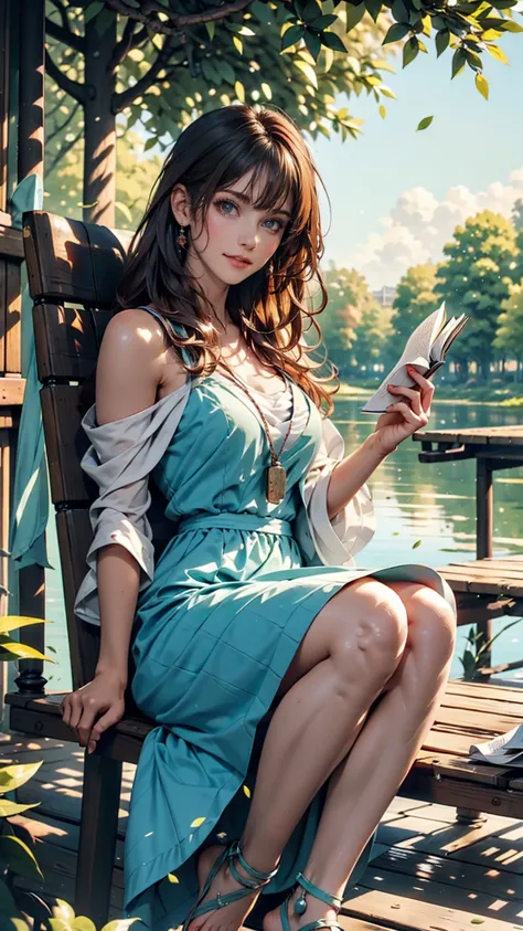 Girl reading a book by the lake, Bright colors, spring, Willow Branch, comfortable, Warm sunshine、24-year-old female、Deck chair、Sheer pastel green summer dress、barefoot、Sunlight filtering through the trees、A refreshing breeze blows、Hair blowing in the wind