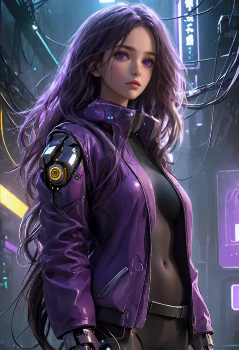 masterpiece, best quality, (Highly detailed CG Unity 8k wallpaper) (best quality), (Best Illustration), (Best shadow), beautiful girl, Small Breasts, Wearing a rugged jacket, Robotic Arm, Cyberpunk Background, floating, Extremely exquisite and beautiful, (...