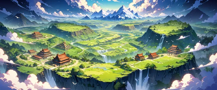 valley，There are endless mountains of various shapes and sizes.，Very spectacular，valley中还有瀑布和树林，There are birds in the sky。Birds eye view composition，Panorama pictures，Scene screen，Game concept art style，Anime illustration style，HD，4K。