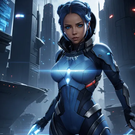 Liara tsoni, asari, blue eyes, stands sideways to the camera against the backdrop of a futuristic city, flying ships, in the style of the computer game Mass Effect, 3D graphics, 4k