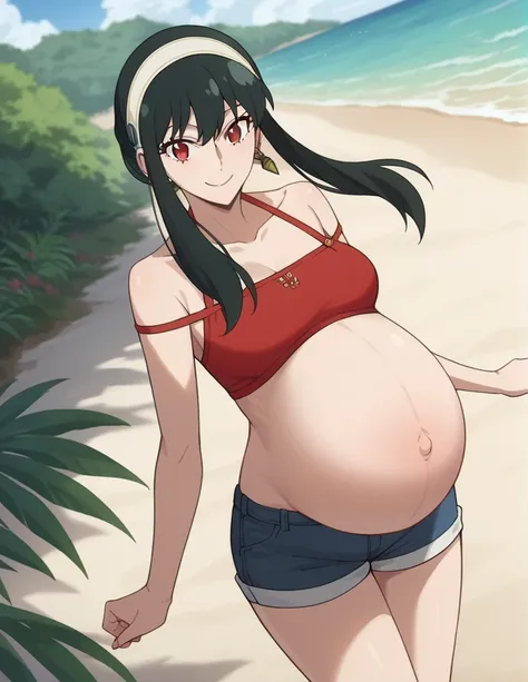 score_9, score_8_up, score_7_up, source_anime,
yorbriar, yor briar, black hair, red eyes, earrings, white hairband, hairband, long hair, sidelocks,
bare shoulders, red bikini, shorts, thighs,
Beach, smile,
looking at viewer, dutch angle, cowboy shot, pregn...